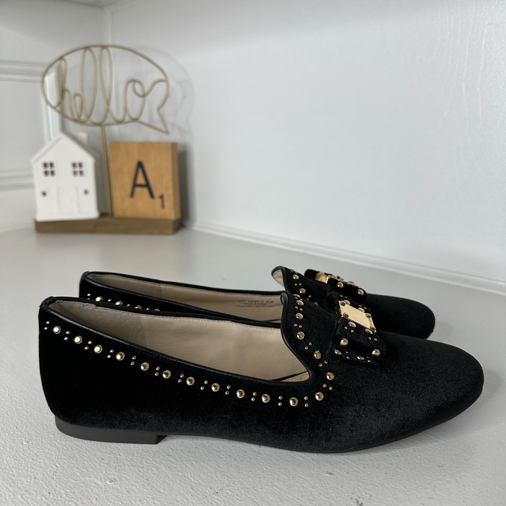 Cole Haan Black Velvet Studded Loafers Women’s 8.5B Gold Hardware Classic - Picture 5 of 10
